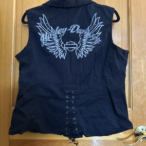 Harley Davidson Size XL Black Sleeveless Zipper Woven Bling‎ Rhinestone Design